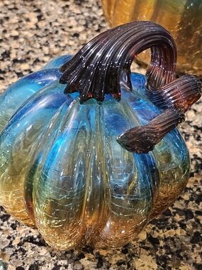 Handblown Glass Pumpkin Sculpture - Blue Amber
